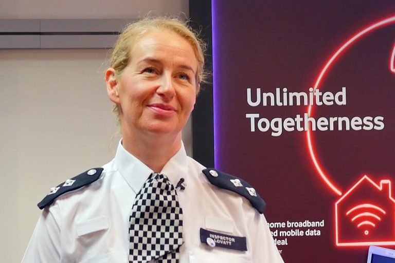 The Metropolitan Police's Inspector Ellen Lovatt launches the Look Up, Look out campaign at Vodafone UK's Oxford Street store
