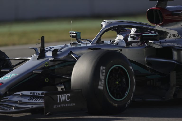 F1 champion Lewis Hamilton testing his new Mercedes AMG car in February