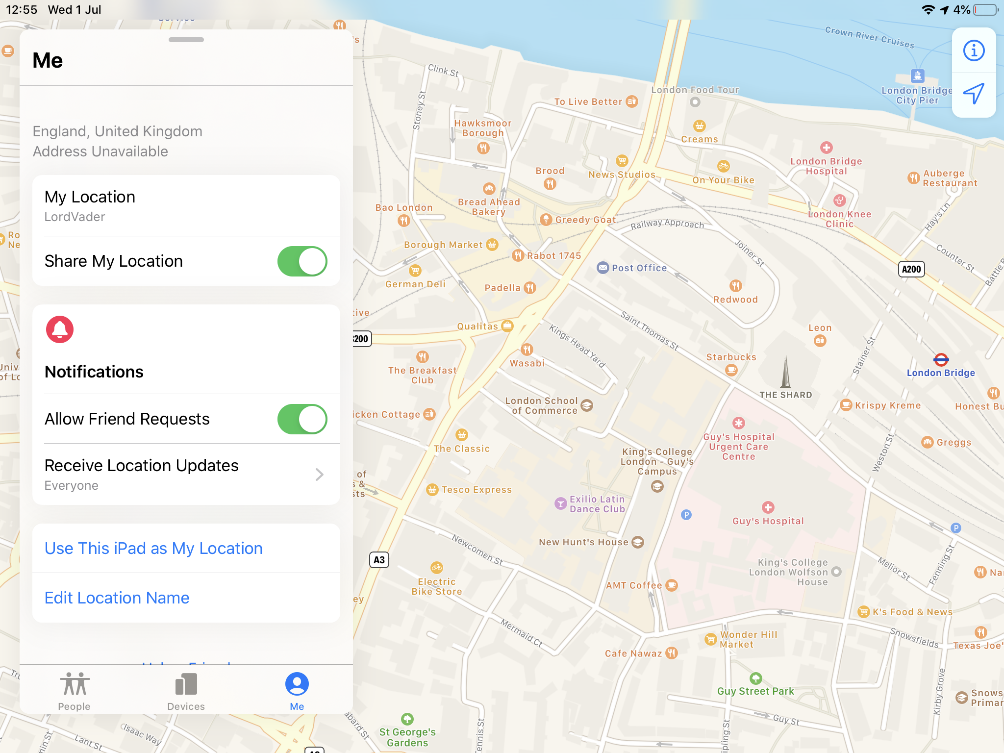 screenshot of the Find My app on an iPad