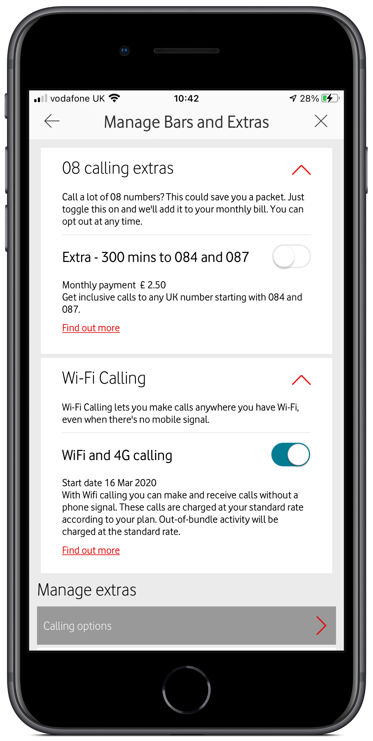 the 4G and WiFi Calling option in the My Vodafone app on an iPhone image illustrating the WiFi Calling option in the My Vodafone app on an iPhone