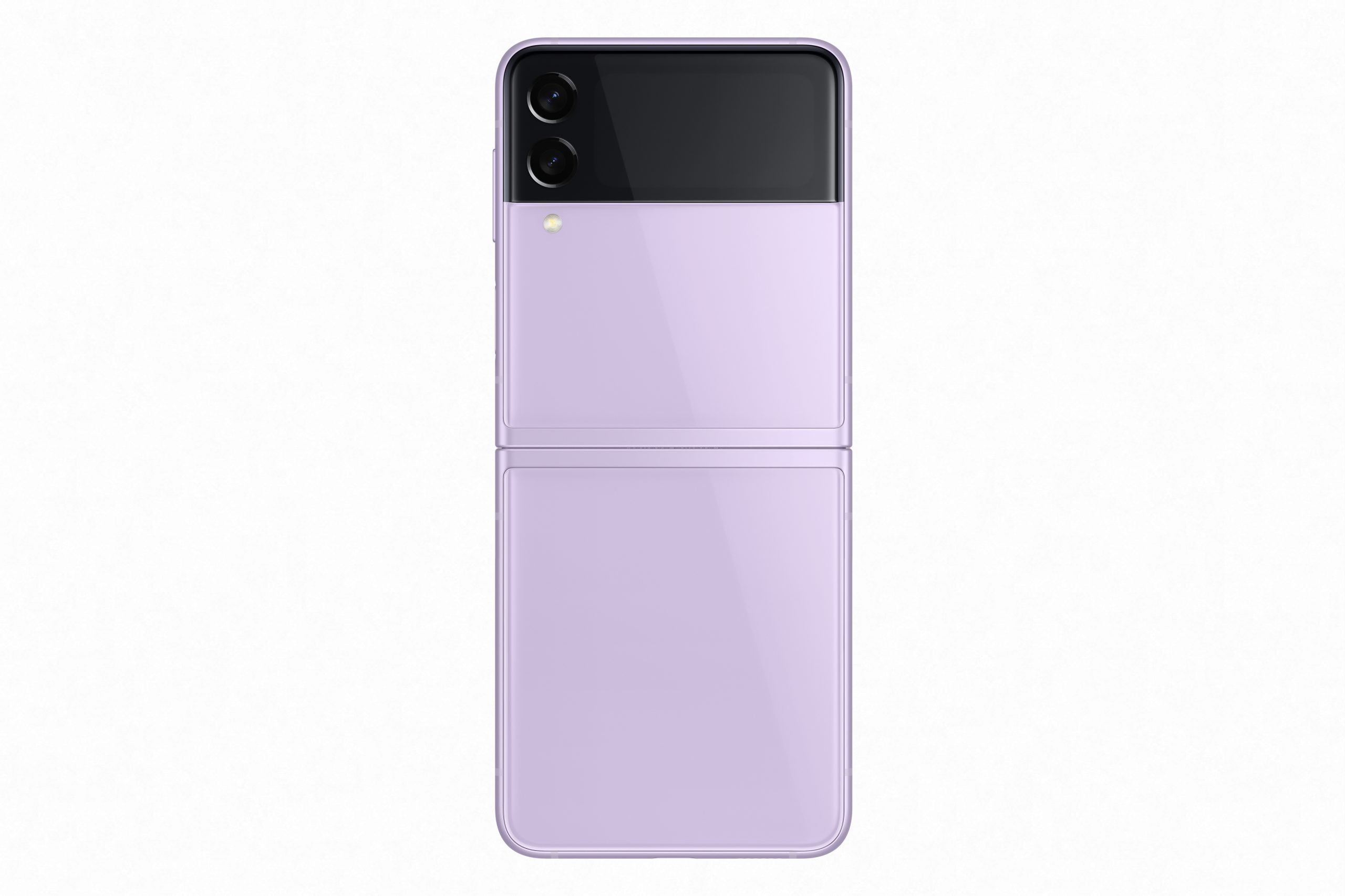 an illustrative image of the Samsung Galaxy Z Flip3 flipped open, from the rear