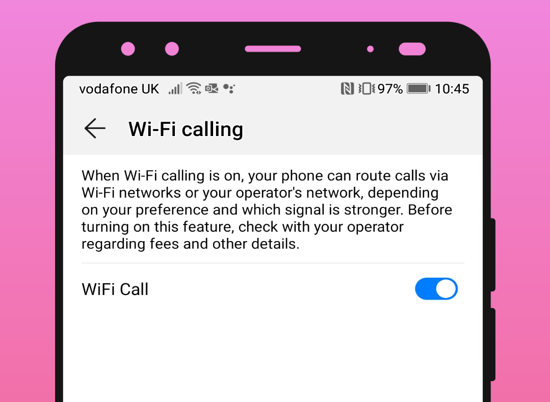 the WiFi Calling setting in the phone app on a Huawei Android phone illustrative image of the WiFi Calling setting in the phone app on a Huawei Android phone