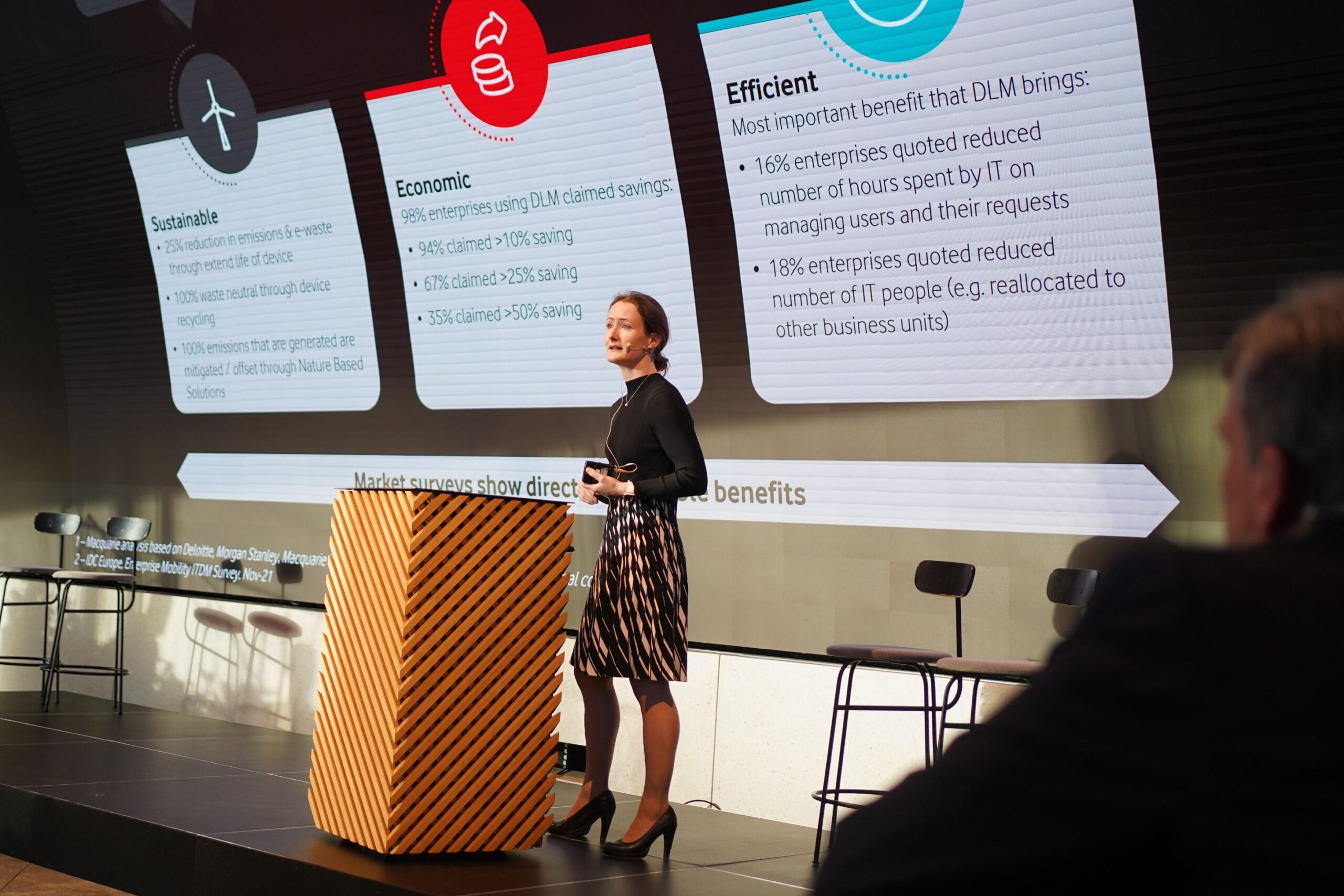ceriedited photo of Ceri Tinine, Senior Strategy Manager at Vodafone Business, speaking from a lectern to potential corporate customers at an event