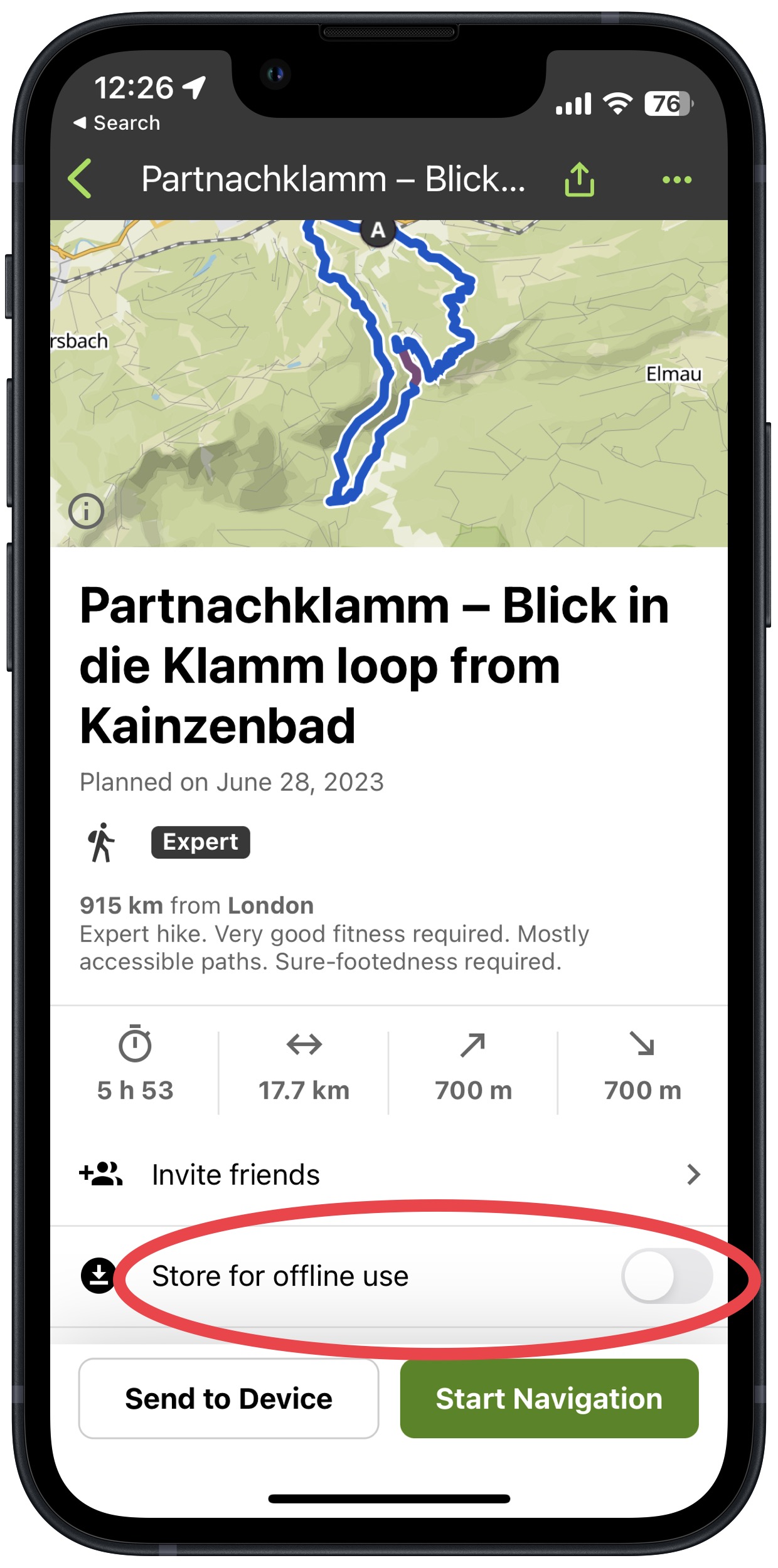 screenshot of the Komoot app running on an iPhone 13 mini