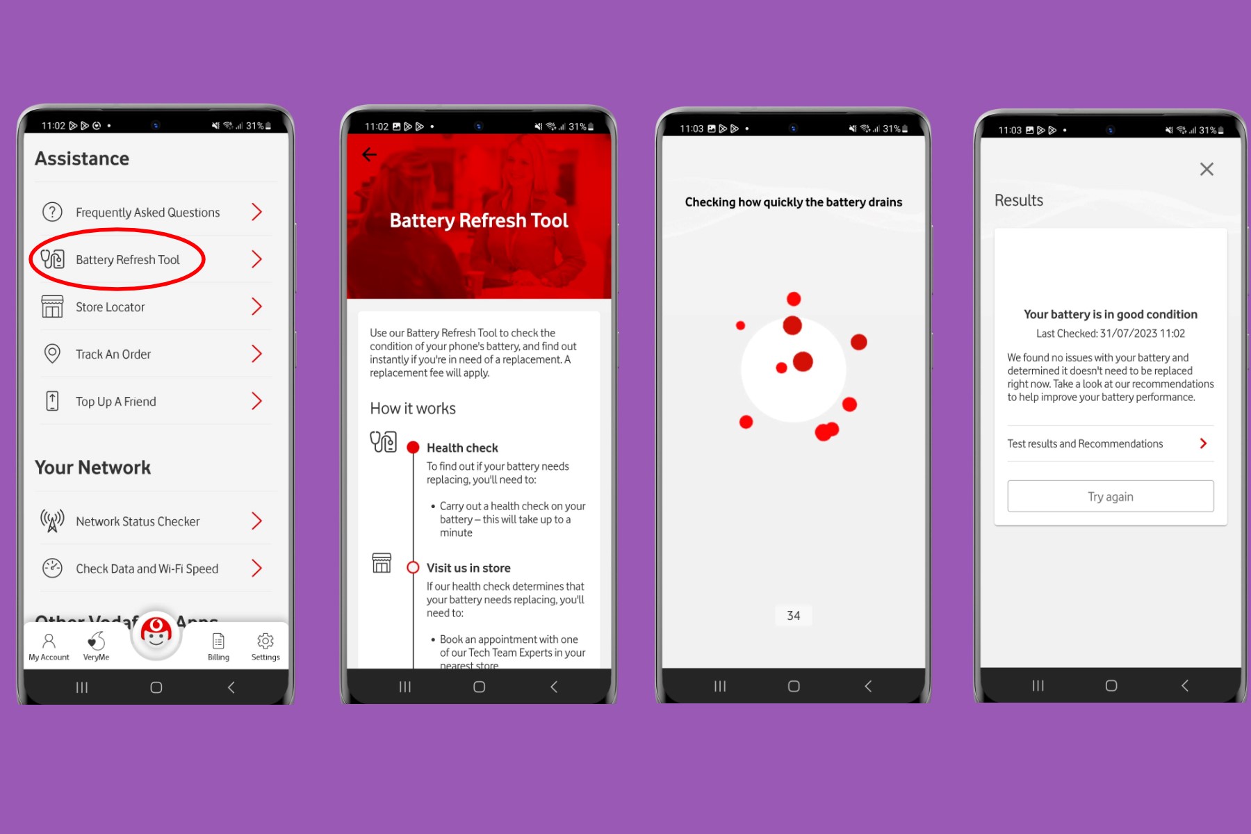 series of screenshots showing the Battery Refresh Tool in the My Vodafone app