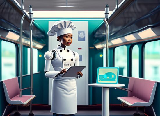 an AI-generated image of a robot chef talking to a fashion computer inside a train carriage