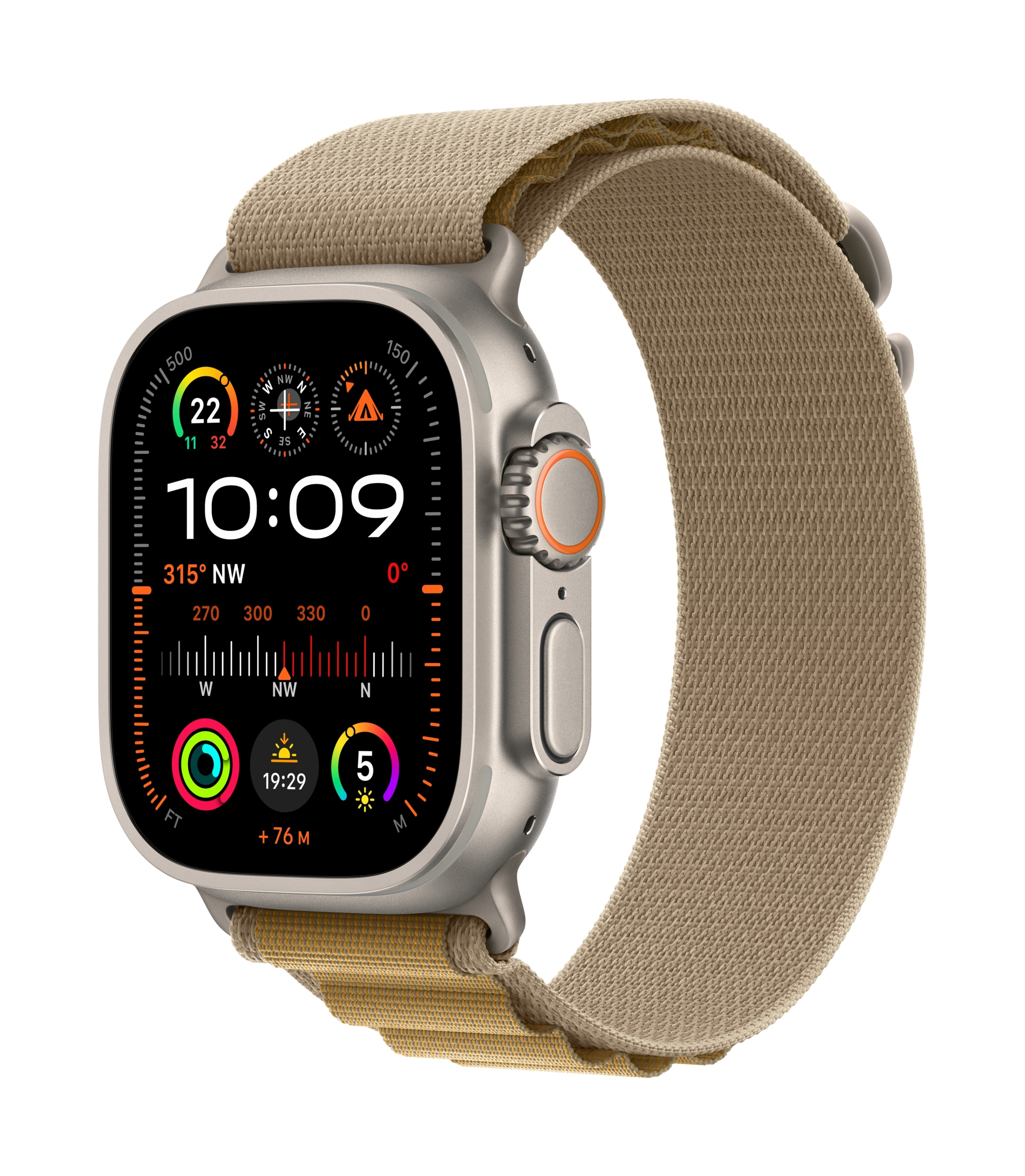 Apple Watch Ultra 2, Natural Titanium Tan Alpine Loop.
