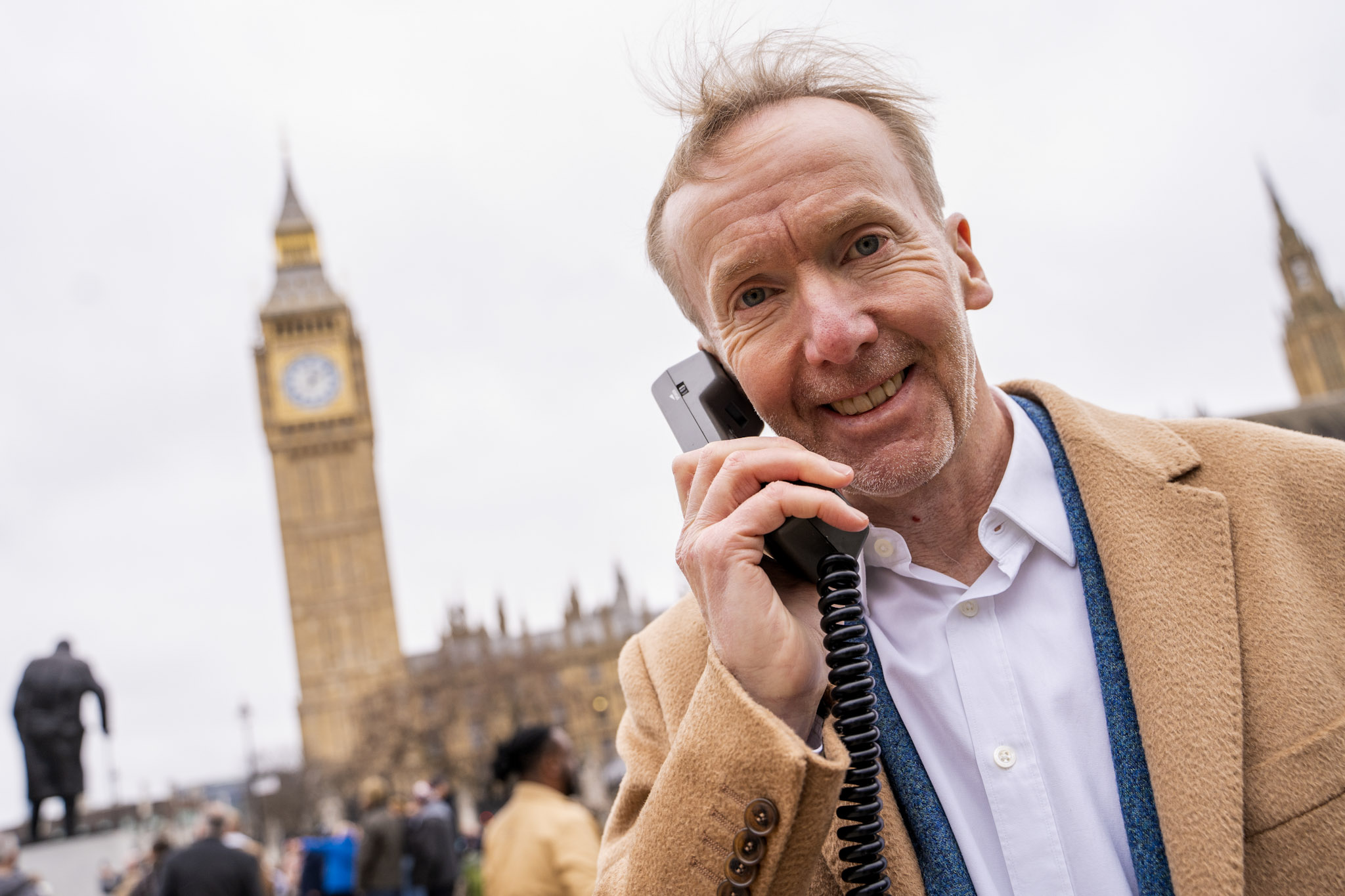 Michael Harrison, speaking on the Vodafone VT1 handset, recreating his iconic first UK mobile phone call 40 years on cropped resized