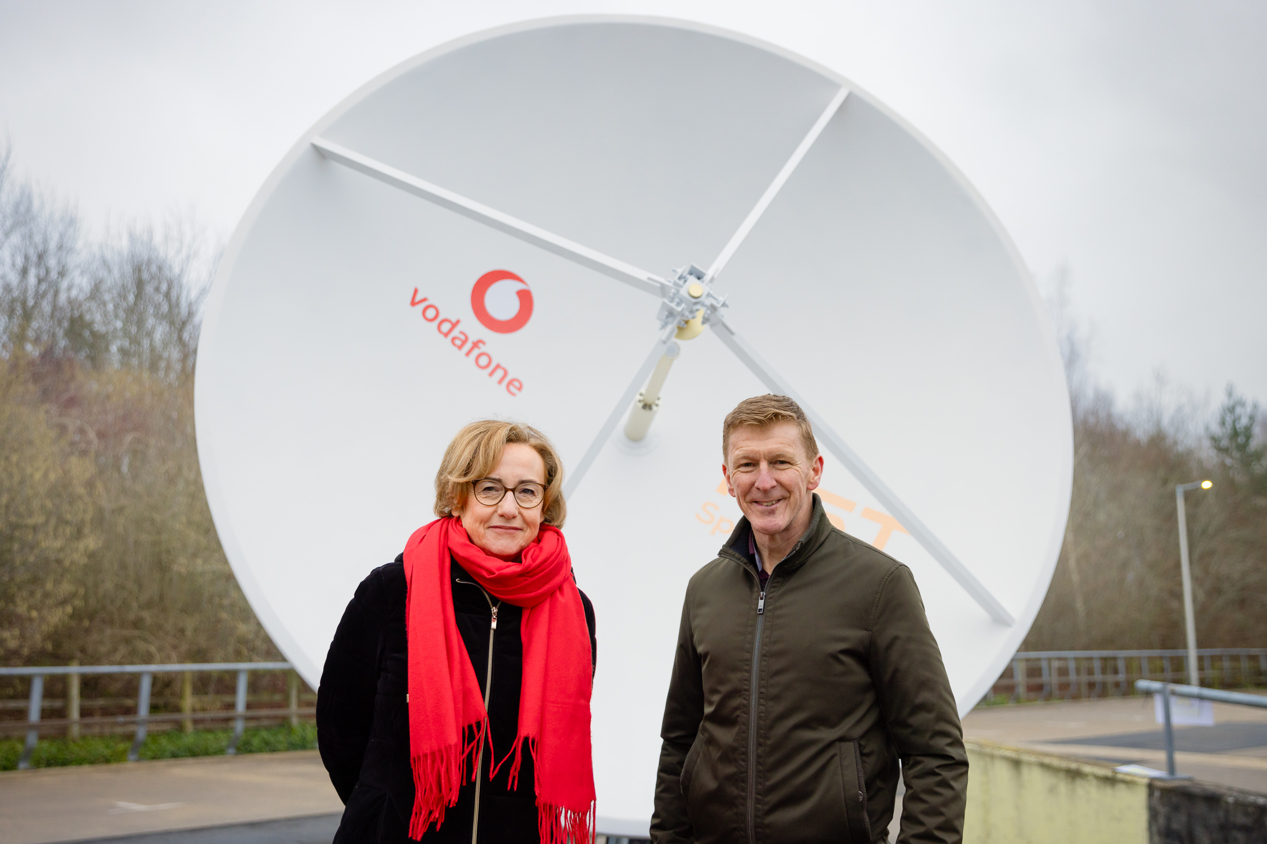 a photo of Vodafone Group CEO Magherita Della Valle with former astronaut Tim Peake at Vodafone's satellite relay station near its UK HQ in Newbury, Berkshire.