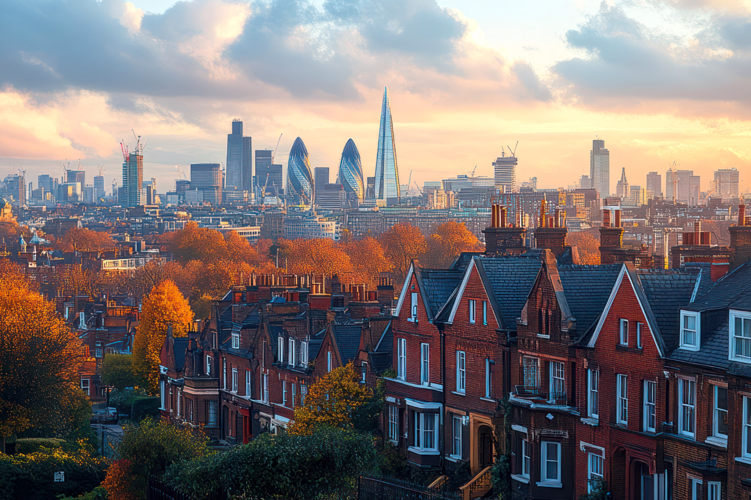 London Skyline at Sunset with Terraced Houses
