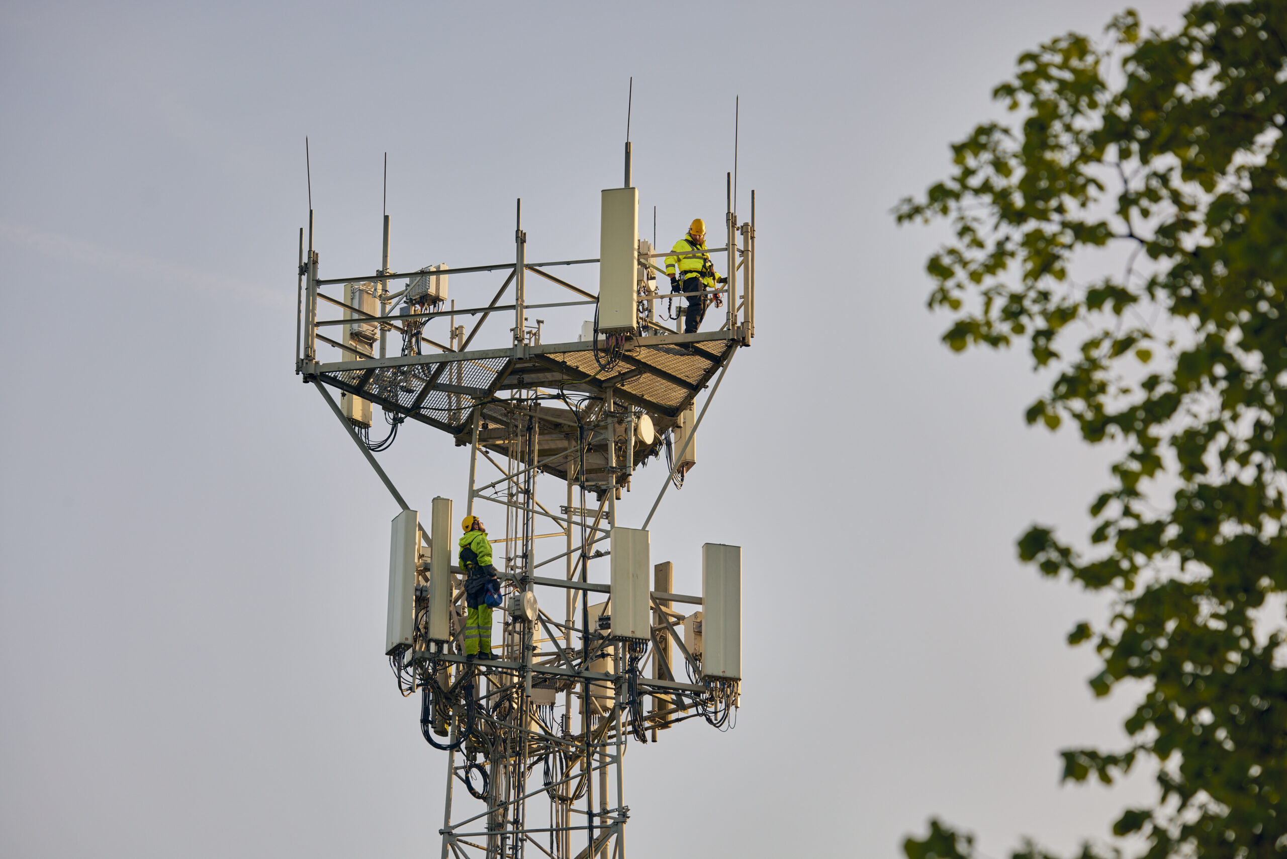 Telecoms engineering staff working on mast.