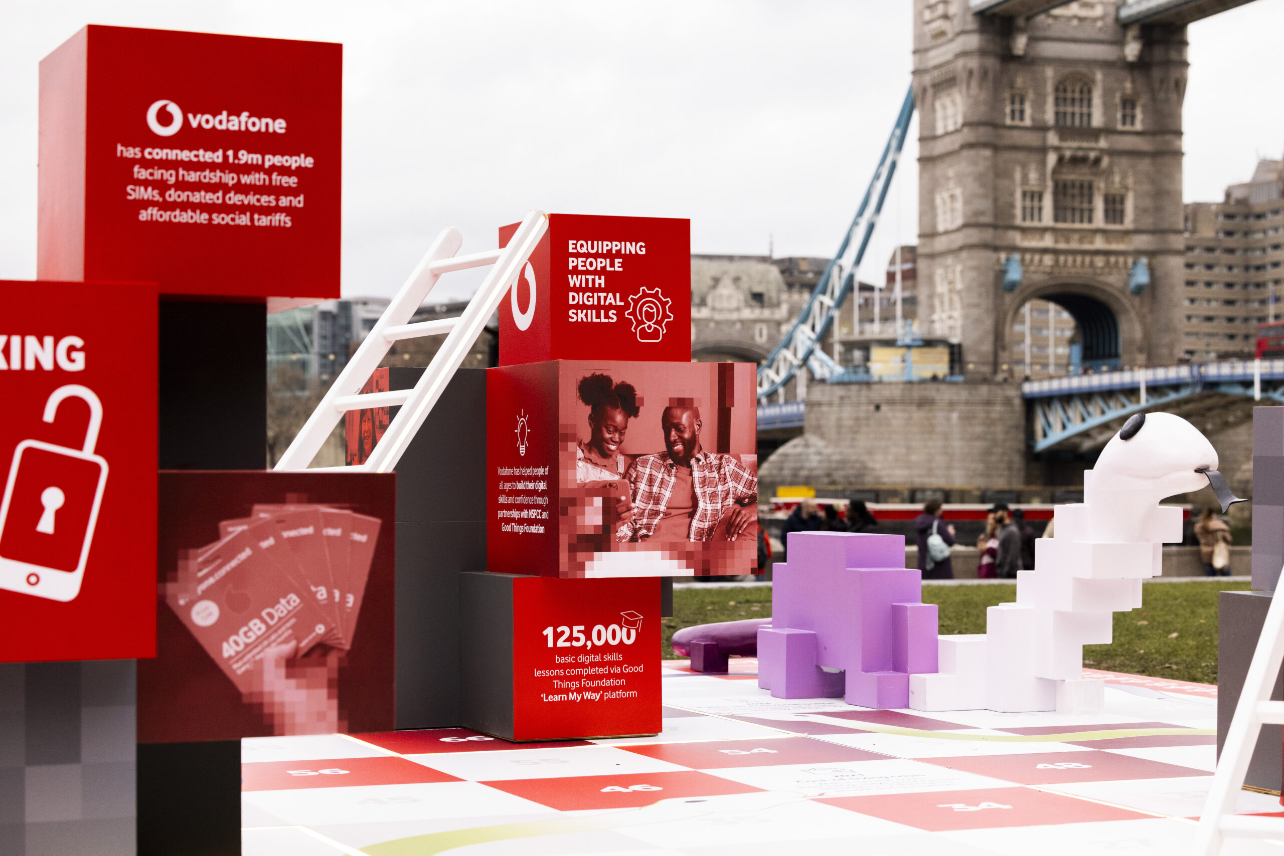 Vodafone's Snakes & Ladders installation for everyone.connected, with Tower Bridge in the background.