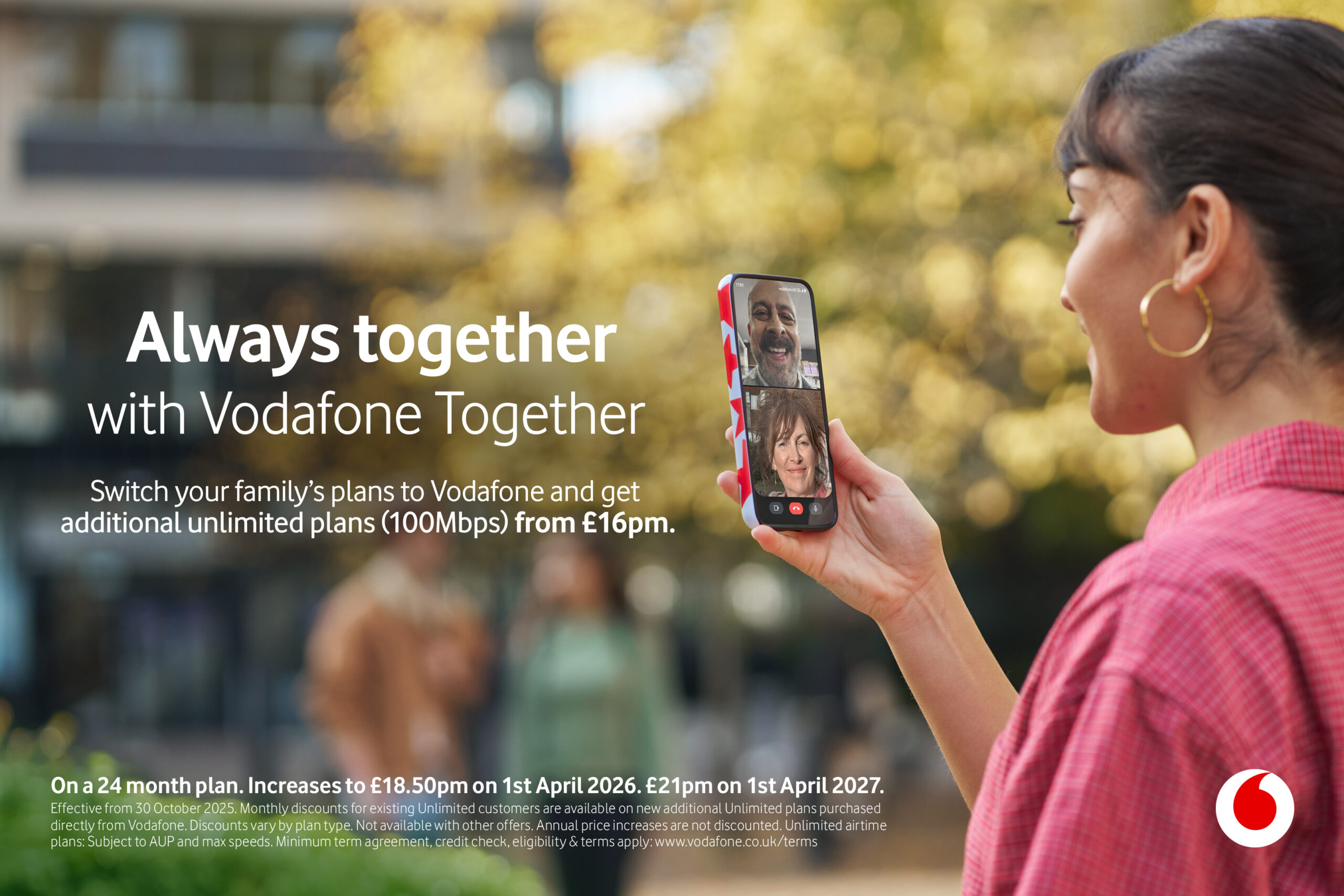 Woman having video call on phone, as part of Vodafone campaign.