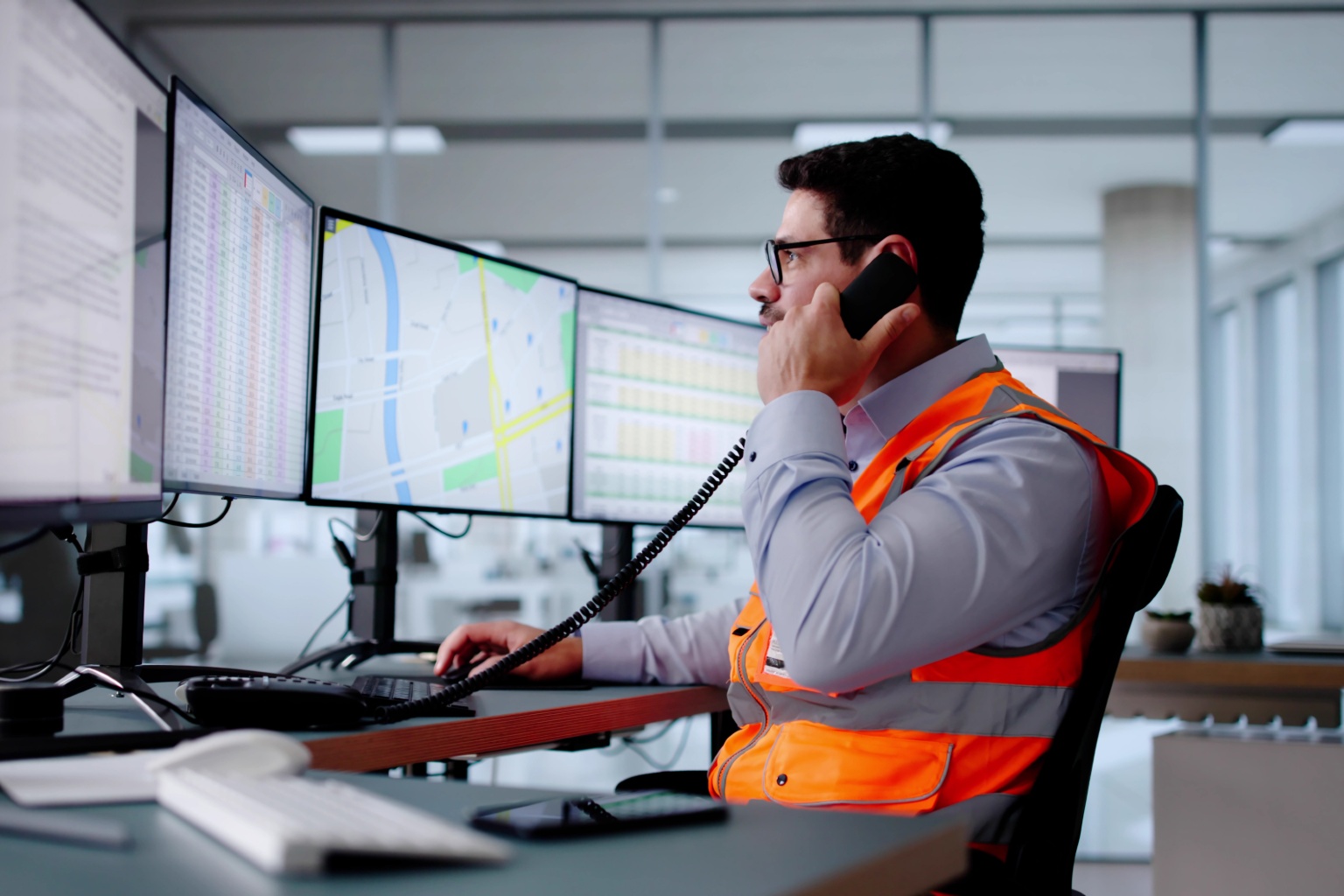 Man in high vis on telephone, sat infront of screens.