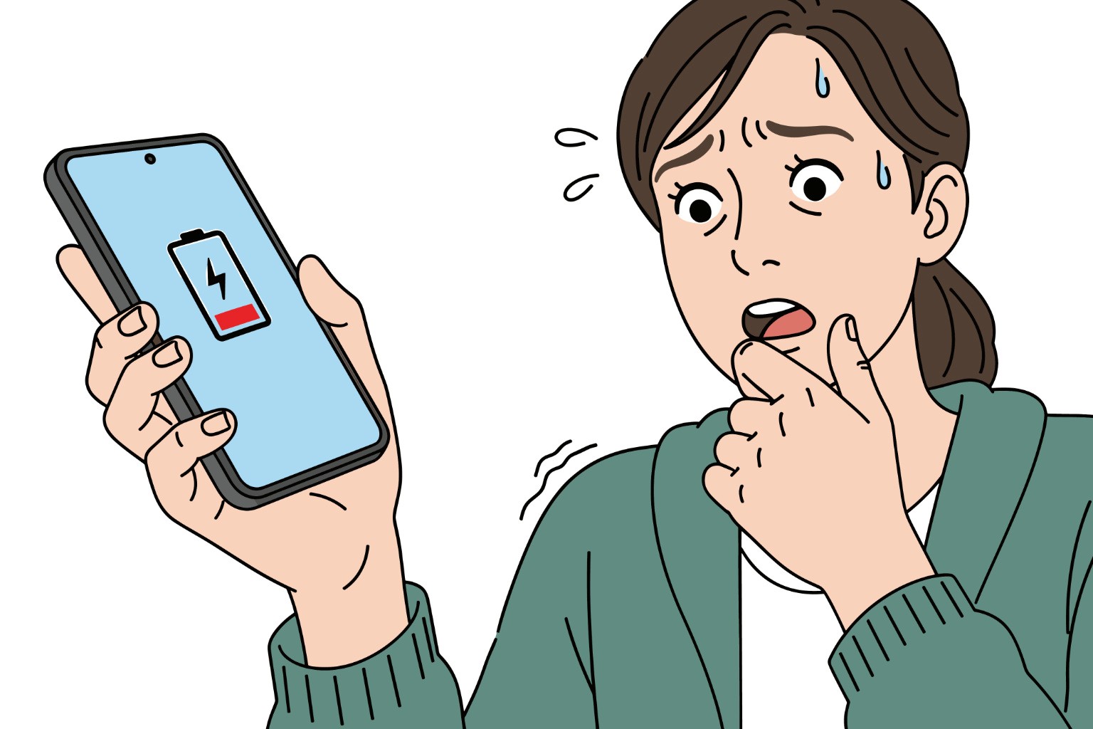 anime-style illustration of a woman looking worried while holding a smartphone showing a low-battery warning cropped edited anime-style illustration of a woman looking worried while holding a smartphone showing a low-battery warning