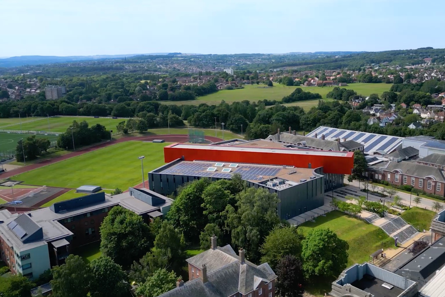 Aerial shot of Leeds Beckett University.